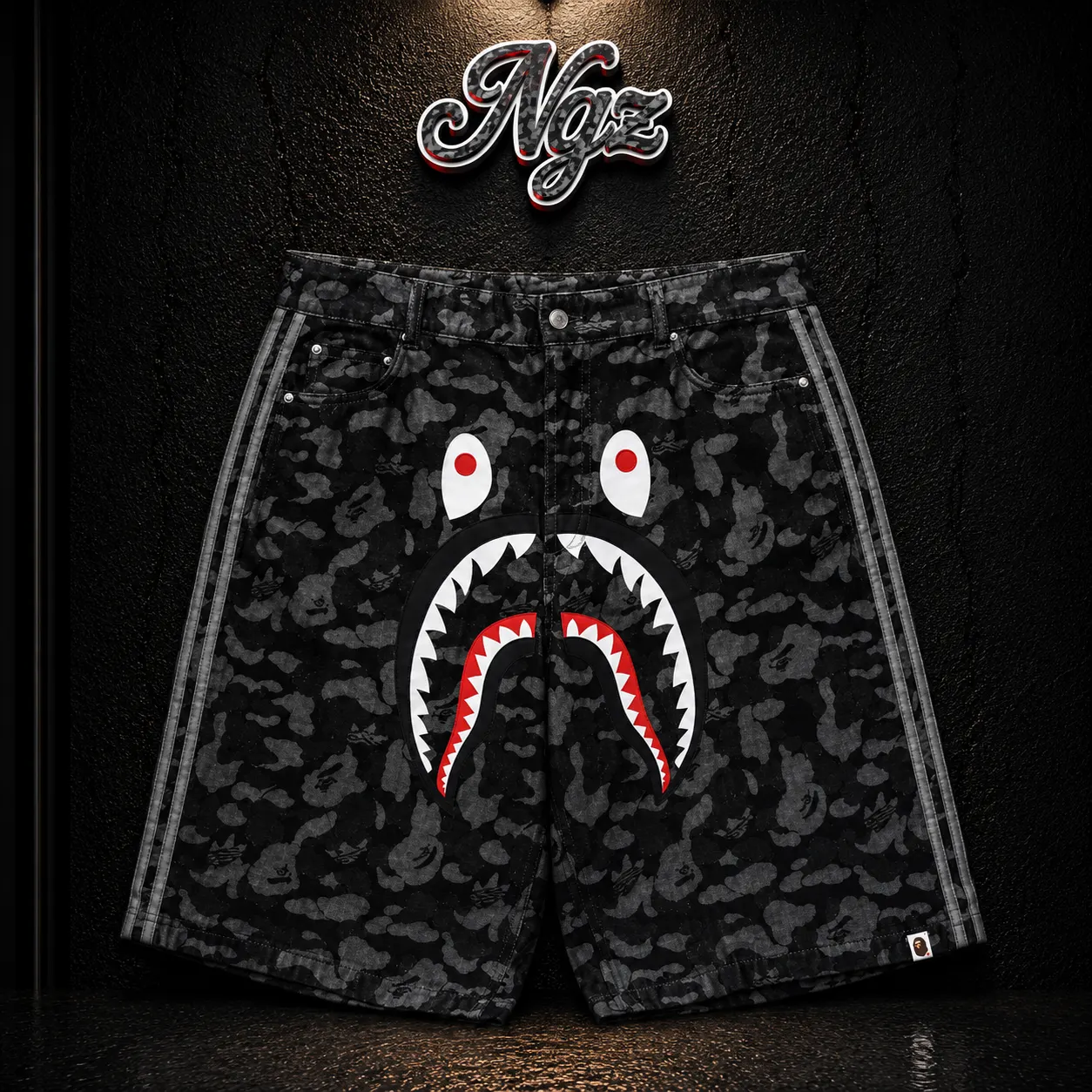 Bermuda BAPE x Adidas — pantalone streetwear original, vista frontal