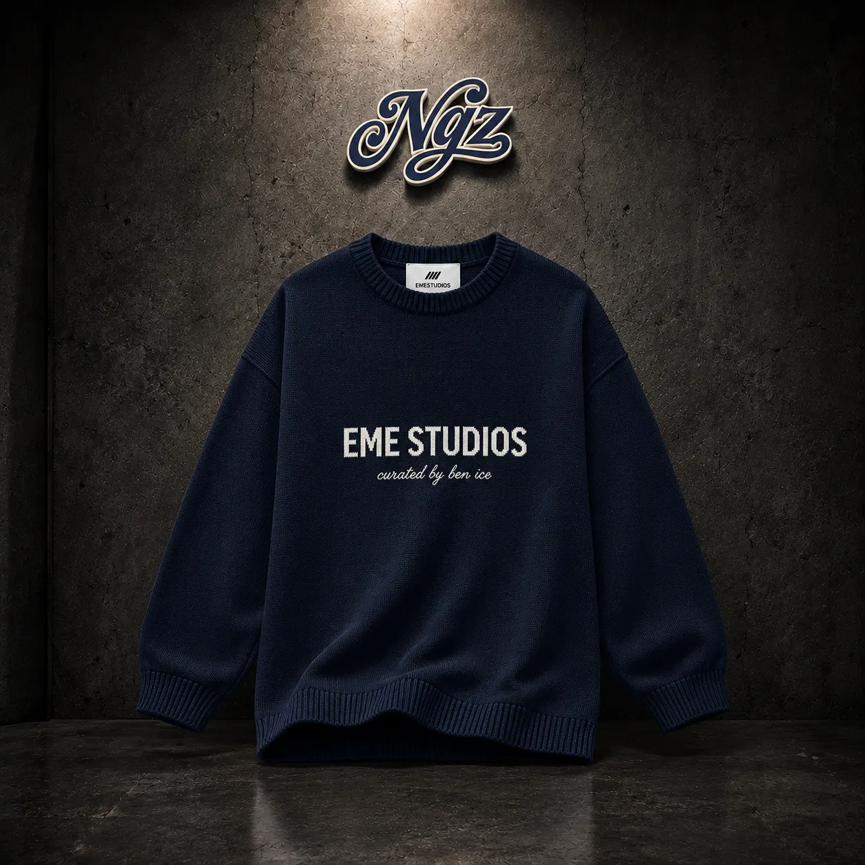 Eme Studios Master Navy Knit Sweater — buzo streetwear original, vista frontal
