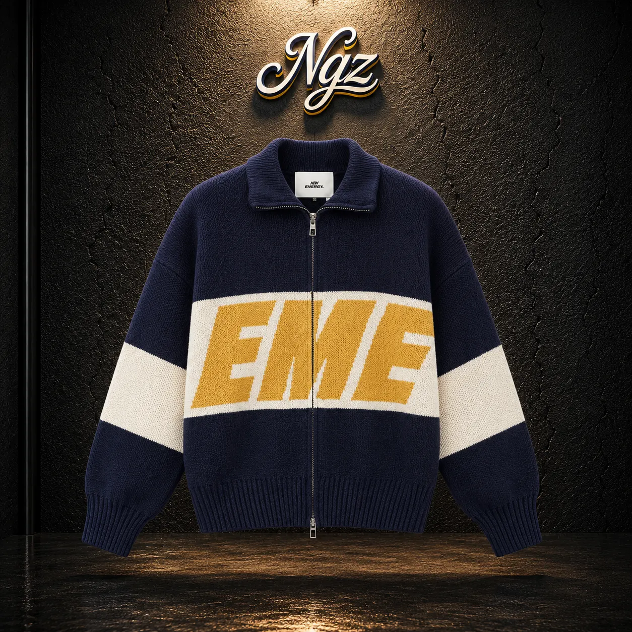 Eme Studios Thrill Mustard Zipper Knit — buzo streetwear original, vista frontal