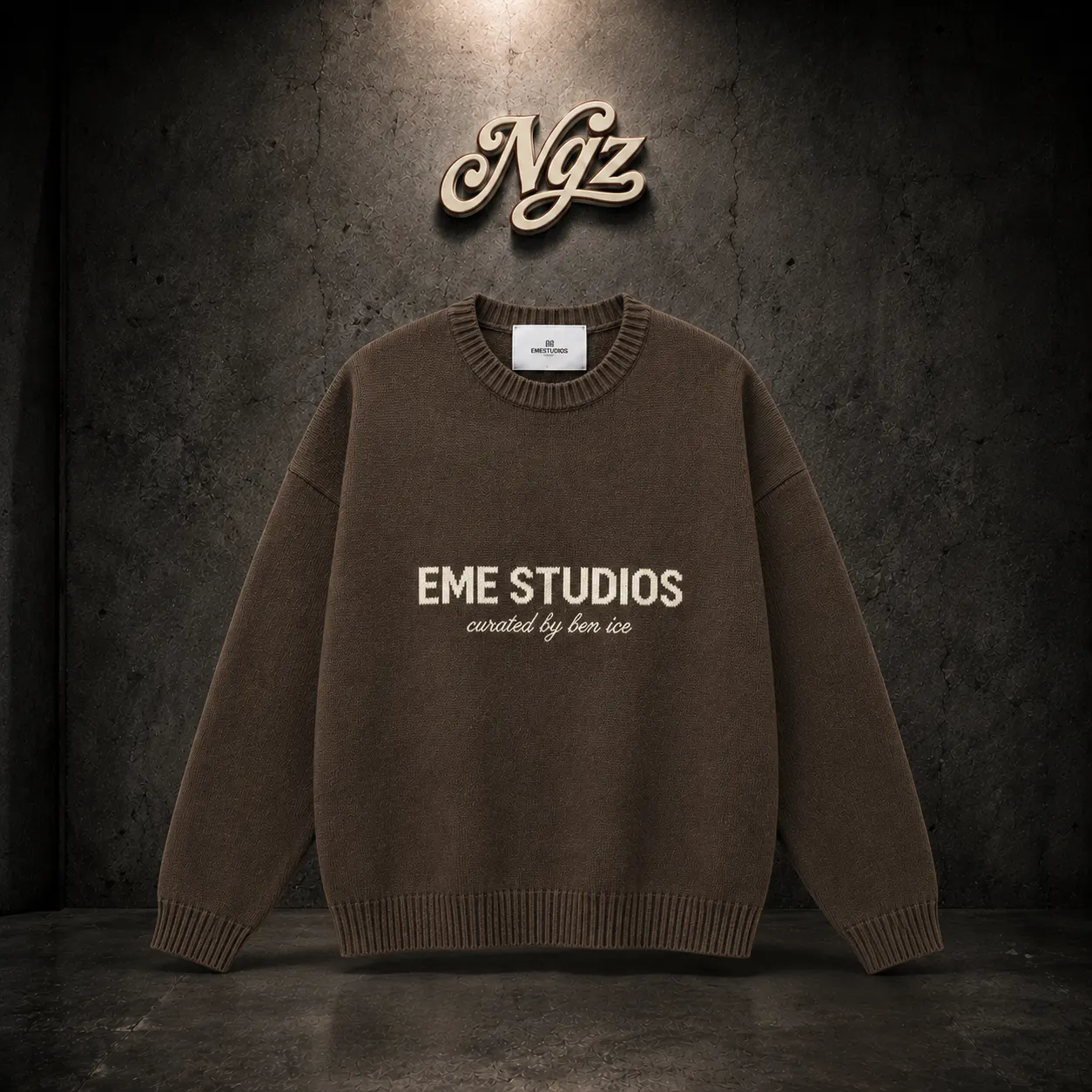 Master Fawn Knit Sweater EME Studios — buzo streetwear original, vista frontal