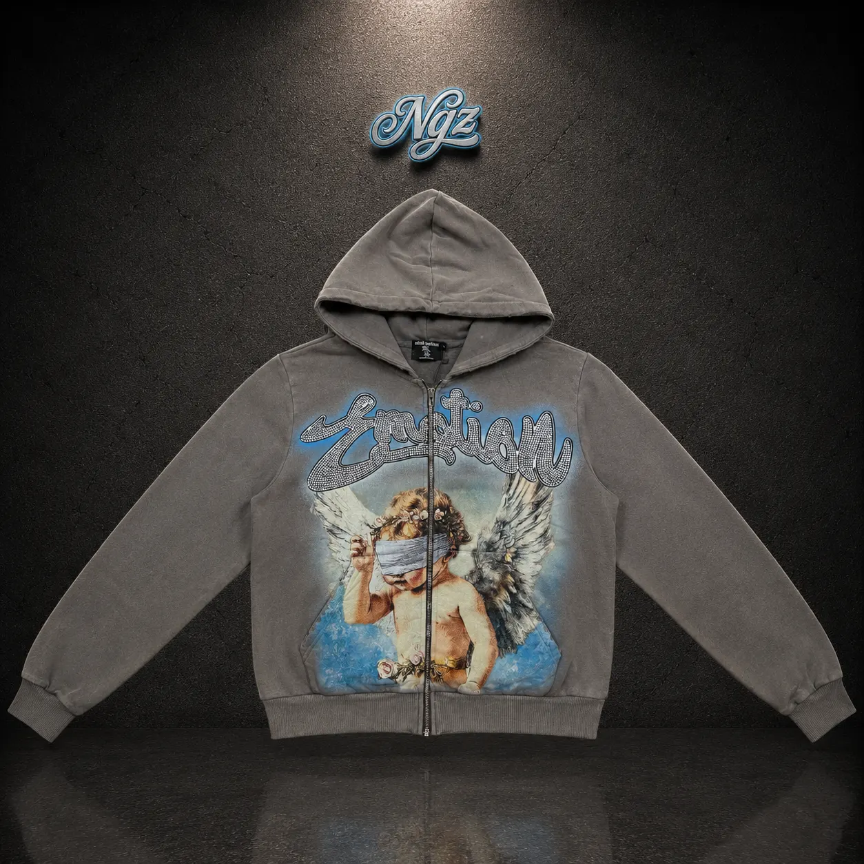 Mixed Emotion Grey Rhinestone Hoodie — buzo streetwear original, vista frontal
