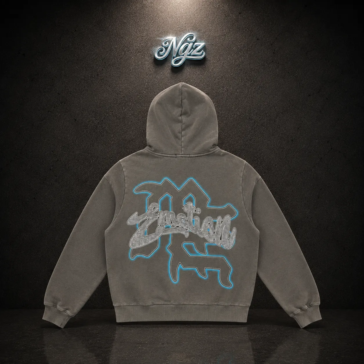 Mixed Emotion Grey Rhinestone Hoodie — buzo streetwear original, vista trasera