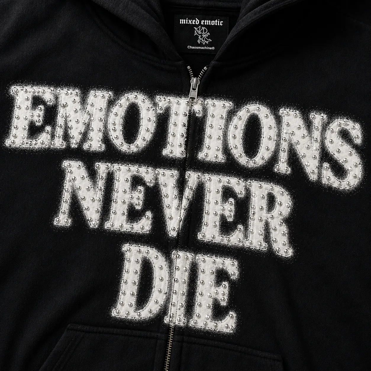 Mixed Emotions "Emotions Never Die" End Rhinestone Black Zip Up — buzo streetwear original, vista trasera