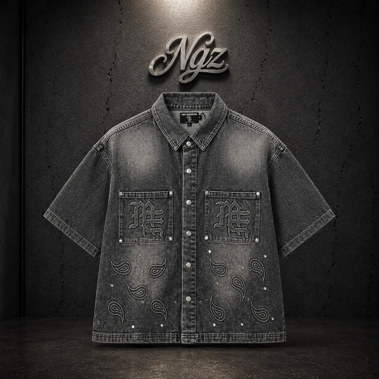 Mixed Emotions Paisley Denim Grey Shirt — remera streetwear original, vista frontal