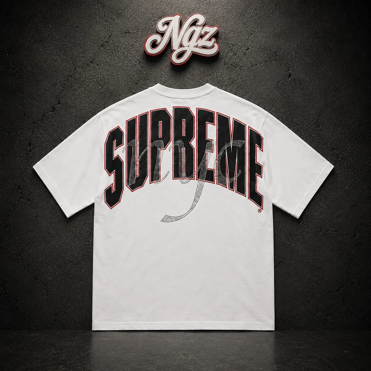 Supreme Rhinestone Script White — remera streetwear original, vista frontal